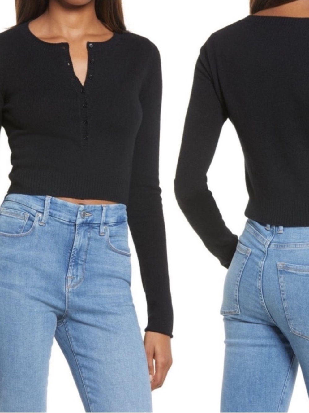 Reformation Black Long-Sleeve Henley Crop Sweater sz XS